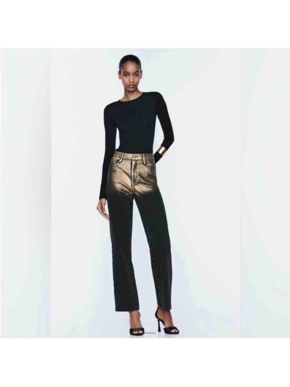 Zara Straight Leg Black And Gold Foil Raw Hem Jeans High Rise Size 8